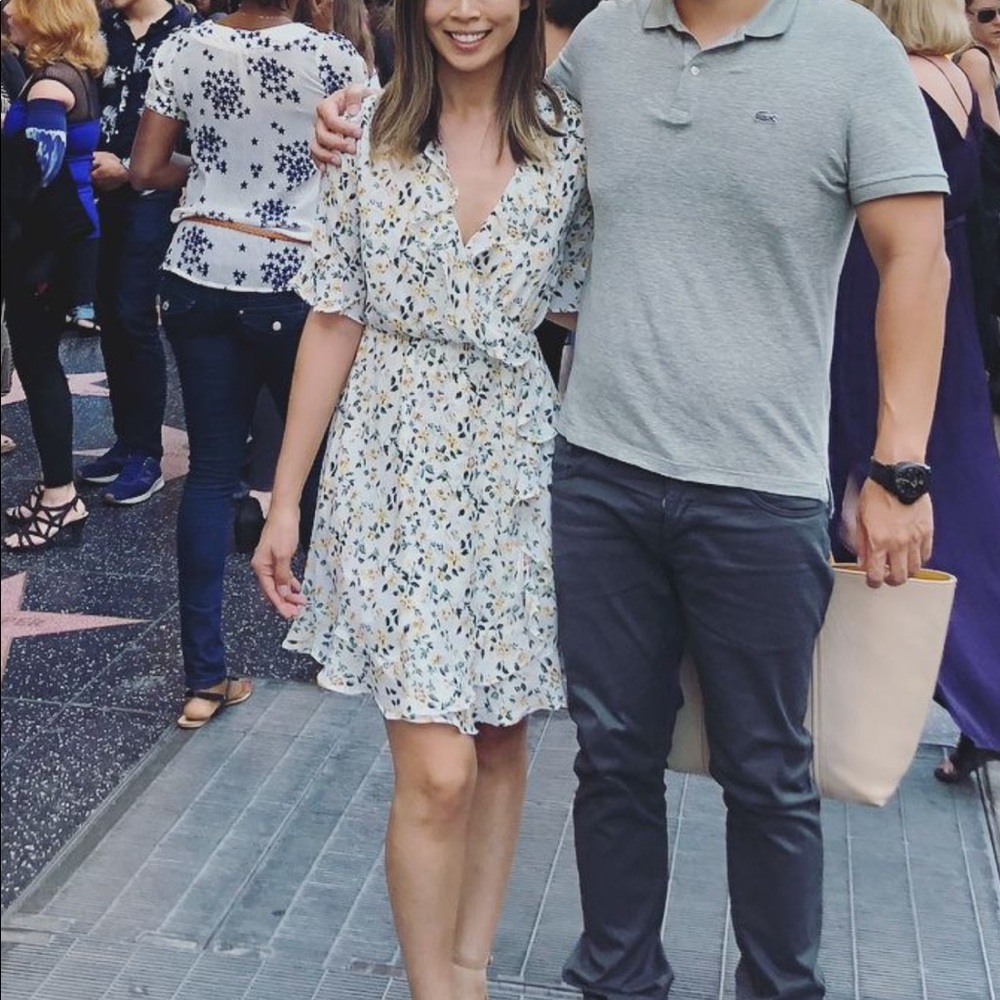 White Short Sleeve Frill Wrap Floral Dress